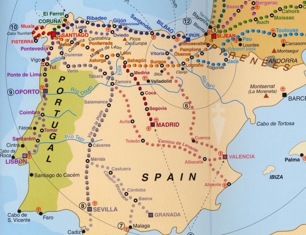 A map of the various camino routes across Spain.